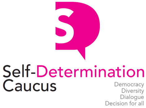 Logo Selfdeterminationcaucus. Democracy, diversity, Dialogue. Decision for all